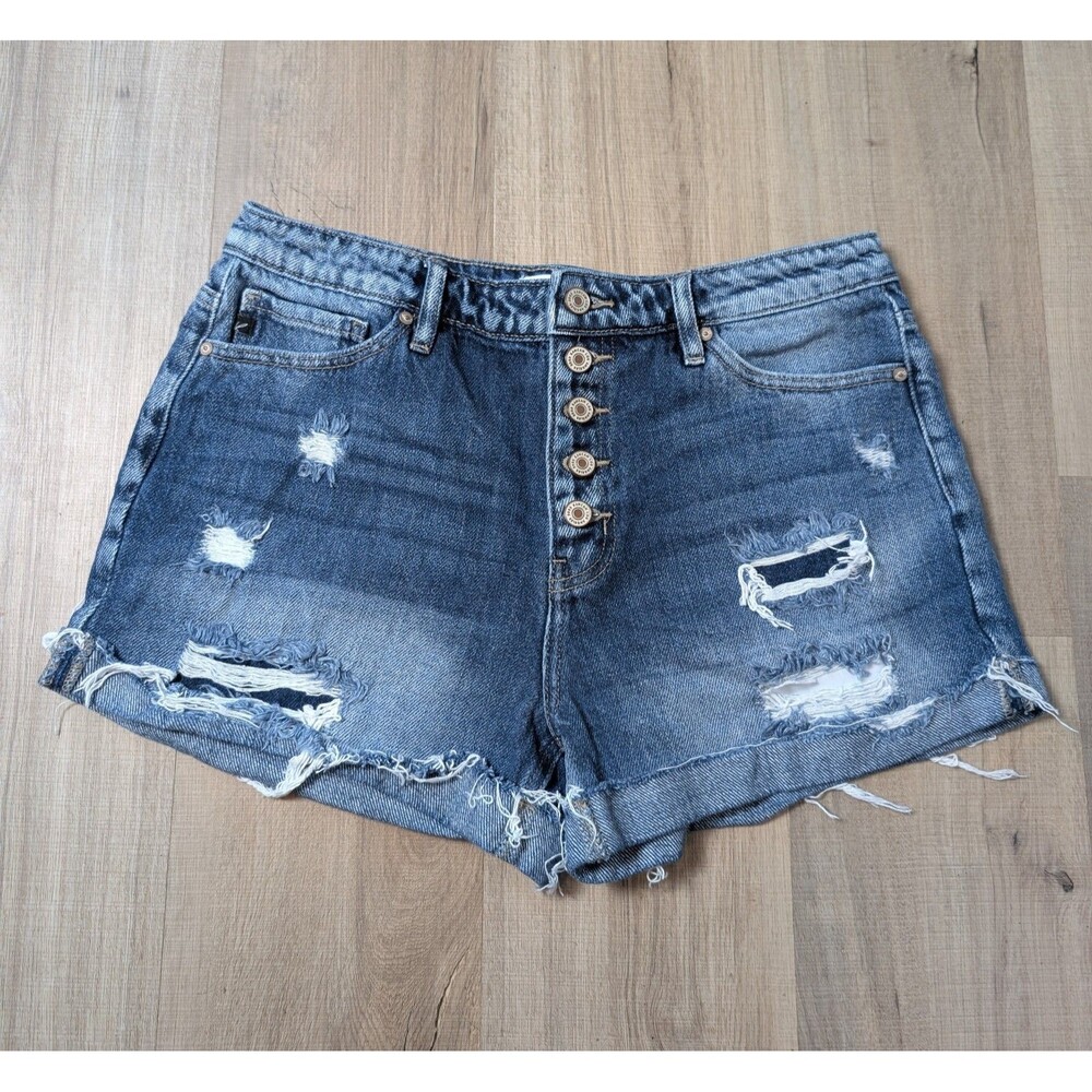 KanCan Size 29 Blue Denim Shorts Distressed Exposed Button High Rise Cuffed Boho